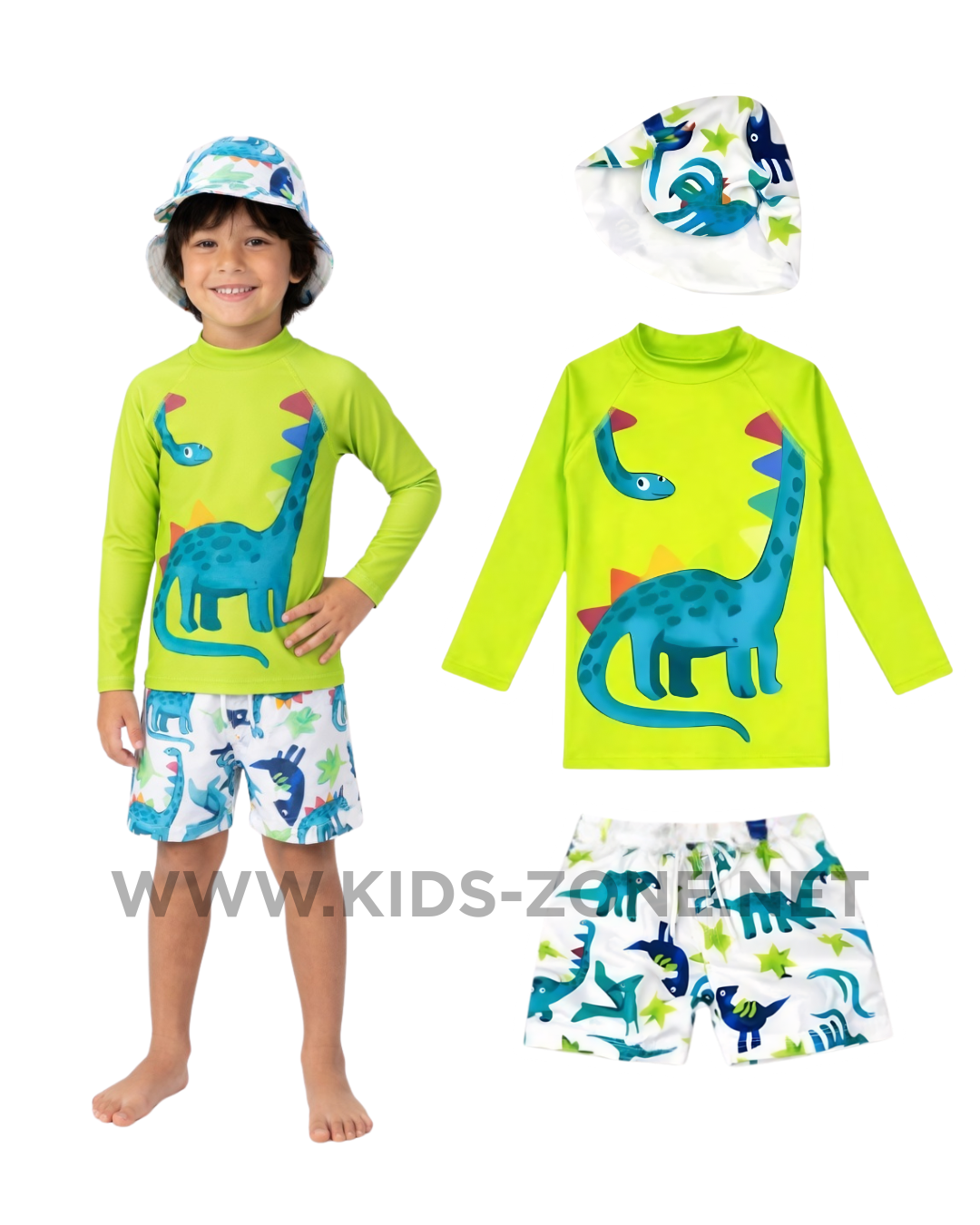 Maillot Garçon Dino Coton Delux (Ensemble 3 Pièces avec Chapeau) - Kids Zone Tunisie