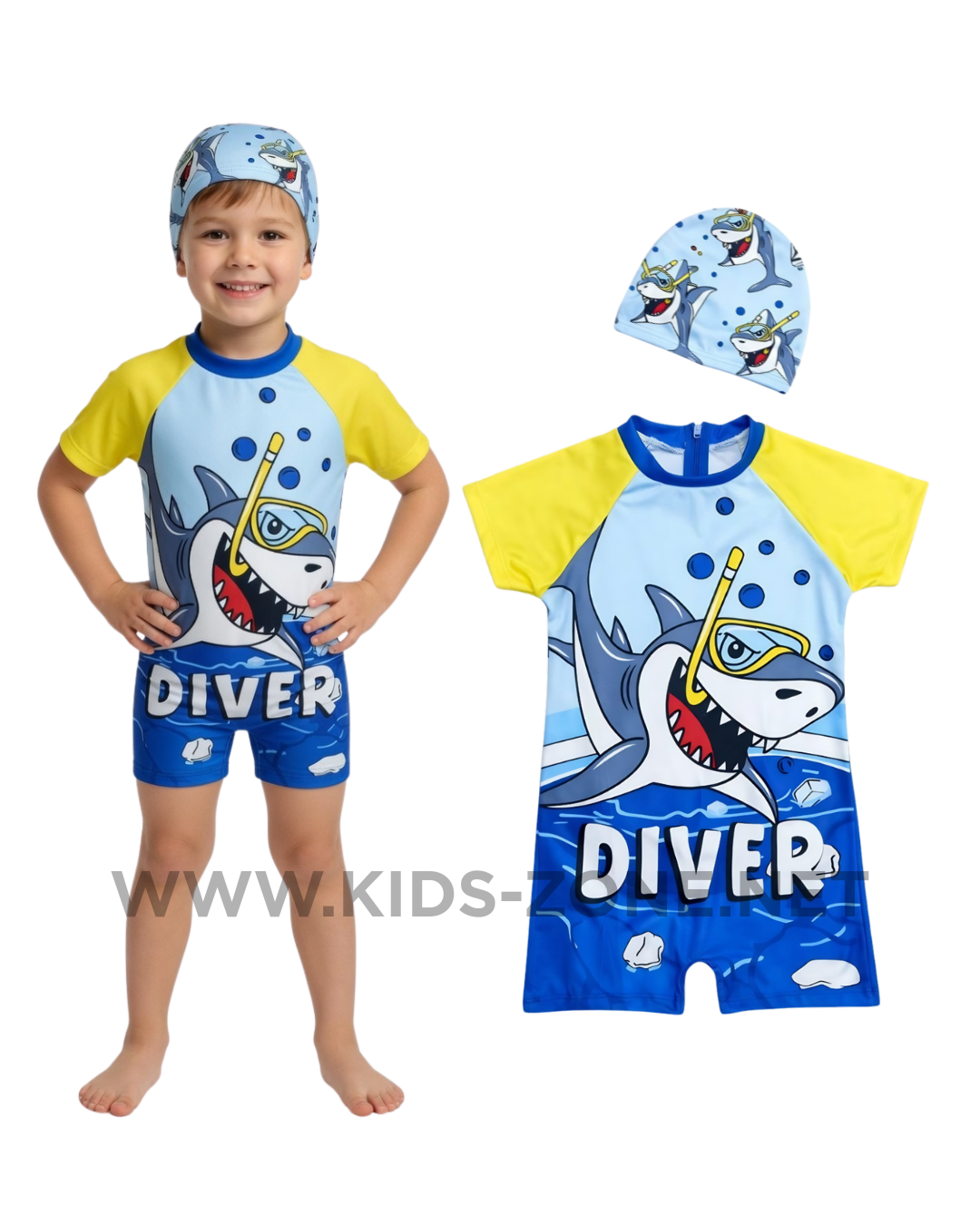 Maillot Garçon Requin Diver (Combishort avec Bonnet) - Kids Zone Tunisie