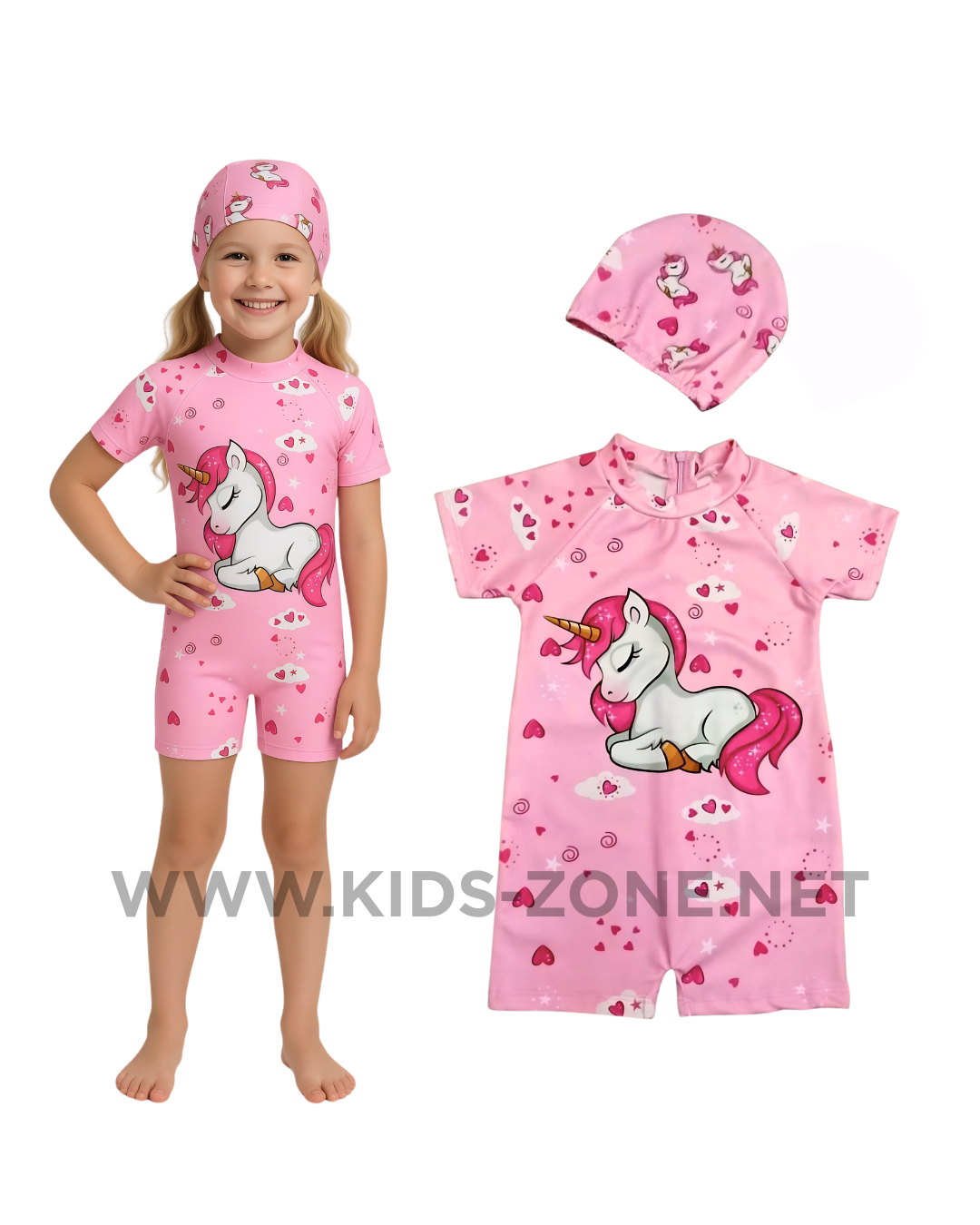 Maillot Fille Licorne Rose (Combishort avec Bonnet) - Kids Zone Tunisie