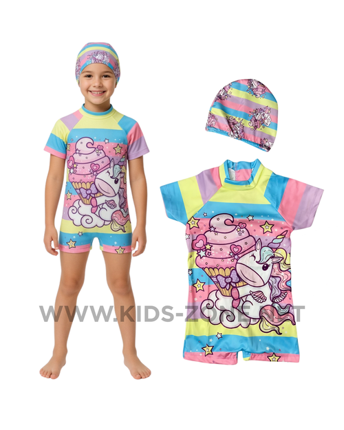 Maillot Fille Unicorne Gourmande (Combishort avec Bonnet) - Kids Zone Tunisie