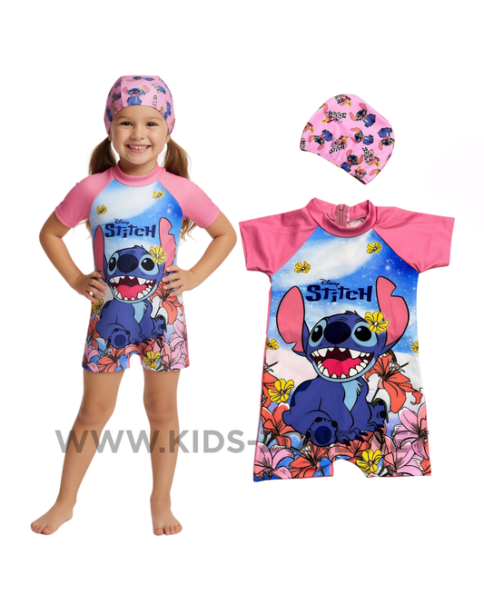 Maillot Fille Stitch Tropical Blue (Combishort avec Bonnet) - Kids Zone Tunisie