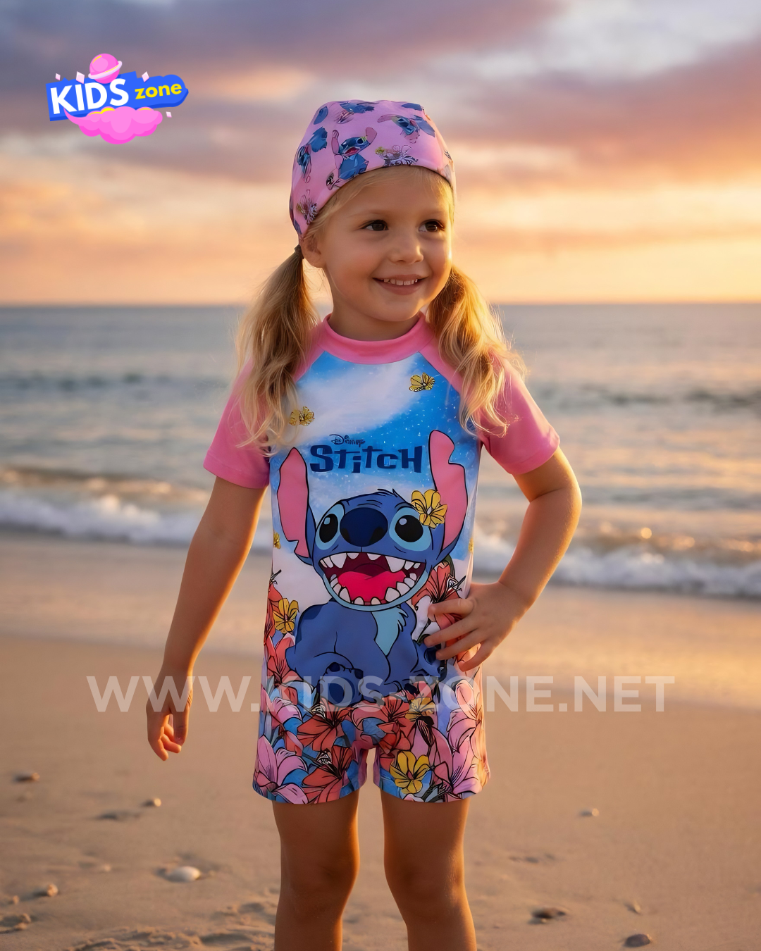 Maillot Fille Stitch Tropical Blue (Combishort avec Bonnet) - Kids Zone Tunisie