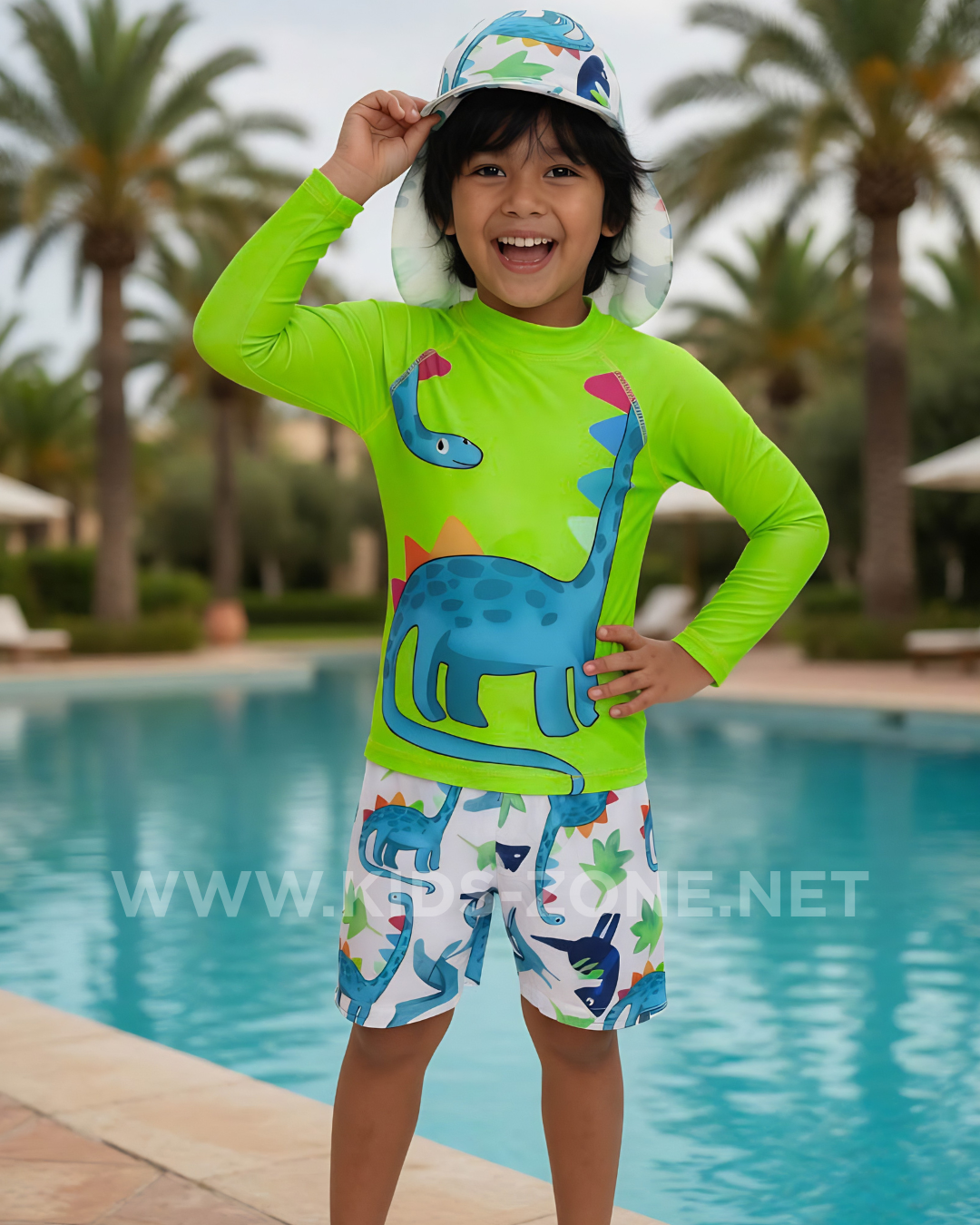 Maillot Garçon Dino Coton Delux (Ensemble 3 Pièces avec Chapeau) - Kids Zone Tunisie