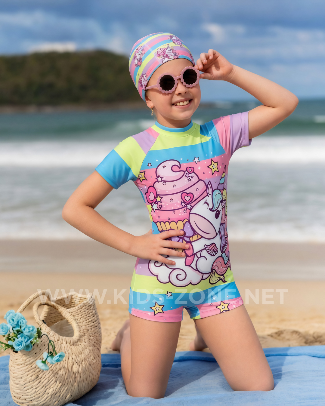 Maillot Fille Unicorne Gourmande (Combishort avec Bonnet) - Kids Zone Tunisie