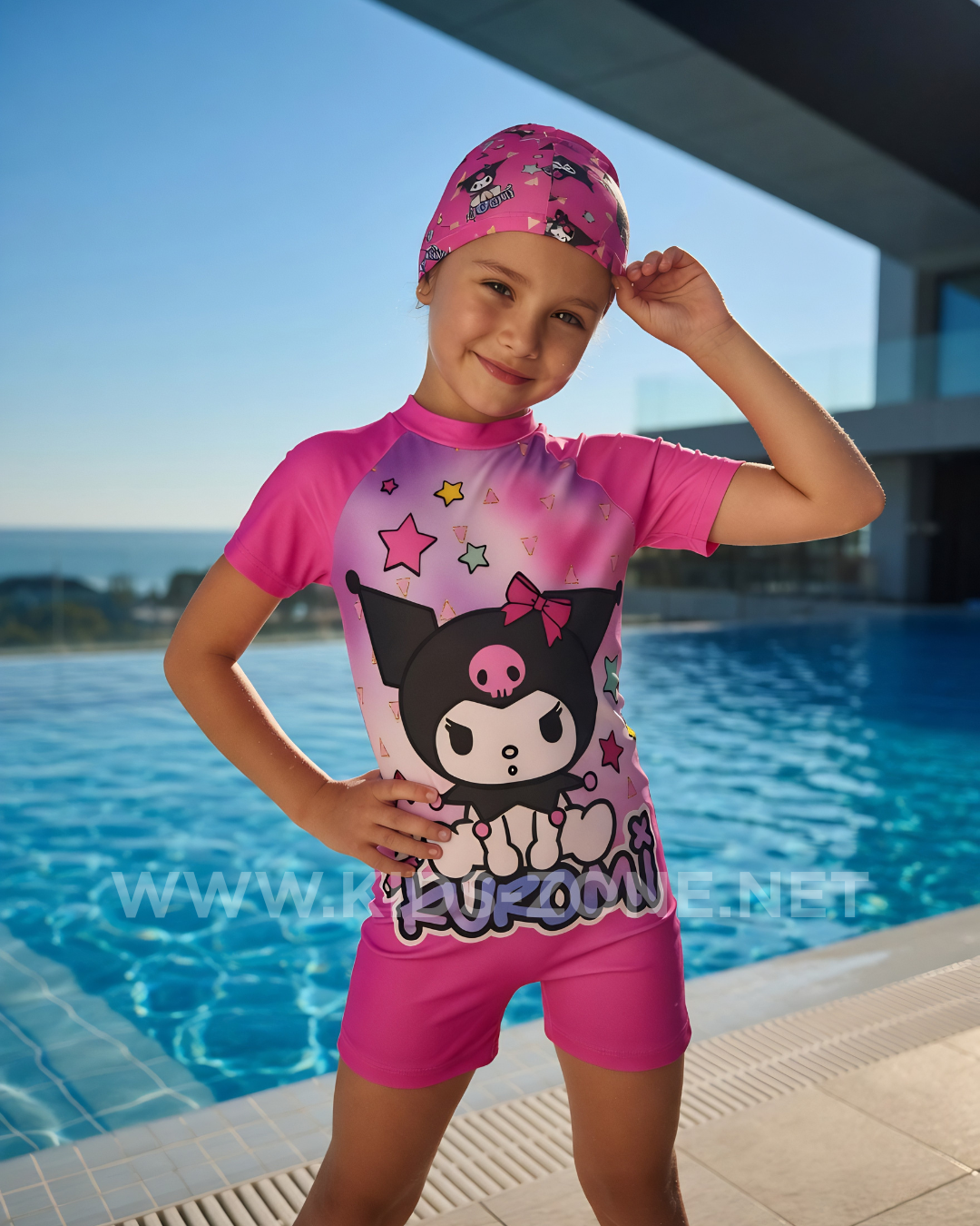 Maillot Fille Kuromi Rebel Style (Combishort avec Bonnet) - Kids Zone Tunisie